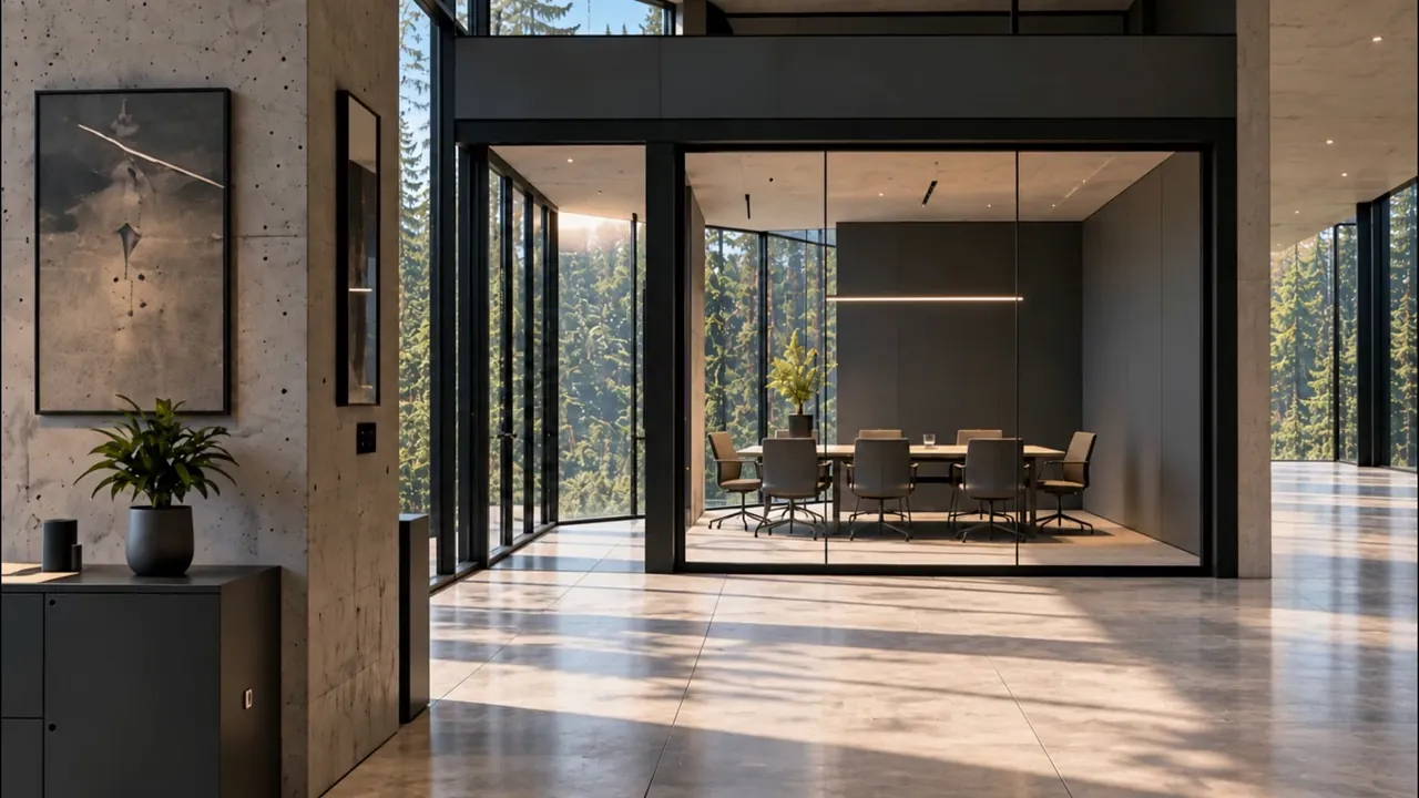 La salle de réunion vitrée, au cœur du bureau, avec sa grande table et ses chaises.