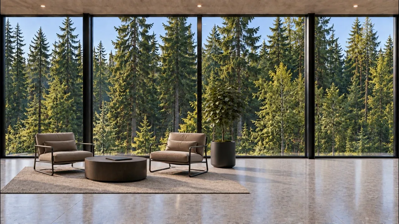Un salon face à une baie vitrée sur la forêt : deux fauteuils, une table basse, une plante.