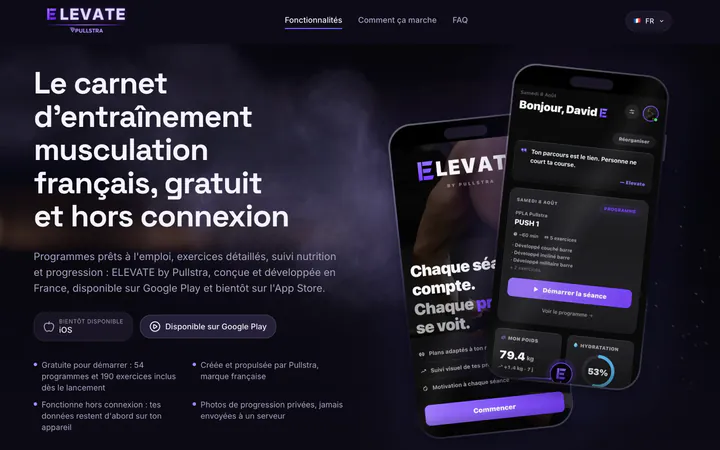 Page d’accueil d’elevate.pullstra.com : un titre à gauche et deux écrans de téléphone de l’application à droite.
